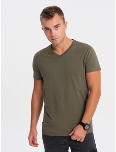 Ombre Clothing Pánské klasické bavlněné tričko BASIC s výstřihem do V - tmavě olivová V6 OM-TSBS-0145
