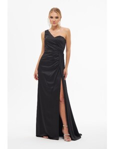 Carmen Black Satin One Shoulder Slit Long Evening Dress