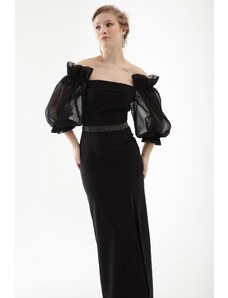 Lafaba Women's Black Balloon Sleeve and Stone Belted Long Evening Dress