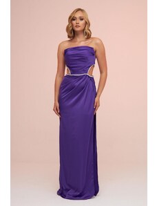 Carmen Purple Satin Strapless Long Evening Dress with Side Slit