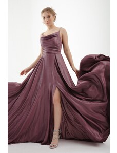 Lafaba Women's Lavender Stone Strap Draped Flared Cut Long Evening Dress