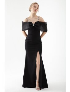 Lafaba Women's Black Stone Strap Long Fishnet Evening Dress