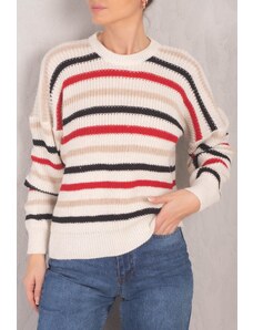 armonika Women's Colorful Elastic Sleeve and Waist Striped Thessaloniki Knitted Sweater
