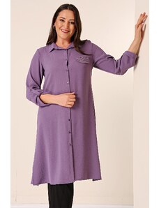 By Saygı Front Buttoned Three Quarter Sleeve Pearl Detailed Plus Size Ayrobin Long Tunic