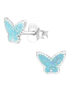 Stříbrné motýl barevné puzetové náušnice - Blue Glitter