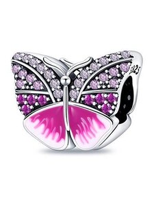Korálek stříbrný na náramek růžový motýl
