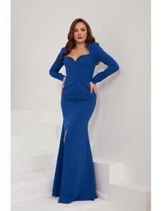 Carmen Saxe Blue Crepe Embroidered Long Evening Dress And Invitation Dress