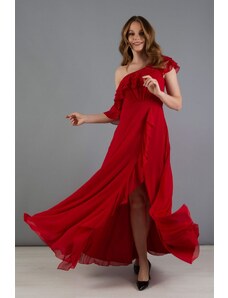 Carmen Red Chiffon Shoulder Flounce Slit Evening Dress