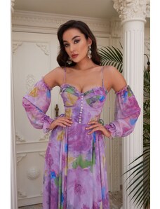 Carmen Lilac Printed Straps, Long Evening Dress with Balloon Sleeves.
