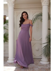 Carmen Lavender Chiffon Low Sleeve Long Evening Dress