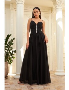 Carmen Black Chiffon Strappy Collar Stone Long Evening Dress And Invitation Dress