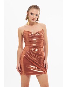 Carmen Copper Shiny Knitted Strapless Short Evening Dress