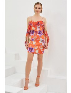 Carmen Orange Printed Strapless Short Evening Dress with Flounce Sleeves