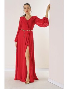 By Saygı Flounce Front Balloon Sleeve Belted Chiffon Long Dress