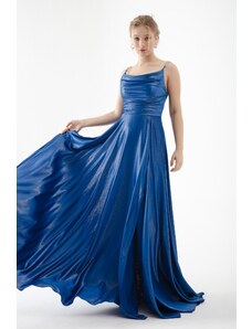 Lafaba Women's Blue Stone Strap Draped Flared Cut Long Evening Dress