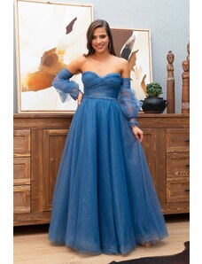 Carmen Indigo Tulle Low Sleeve Engagement Evening Dress.