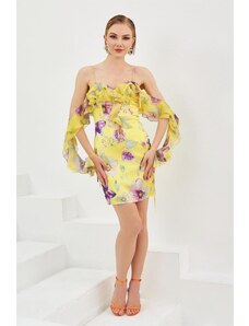Carmen Yellow Empirme Short Evening Dress with Straps and Ruffled sleeves.