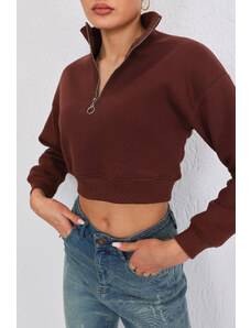 BİKELİFE Women's Brown Zippered Thick Inside Fleece Knitted Sweatshirt Crop
