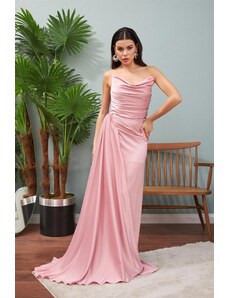 Carmen Powder Slit Satin Evening Dress Cat Ear Dress