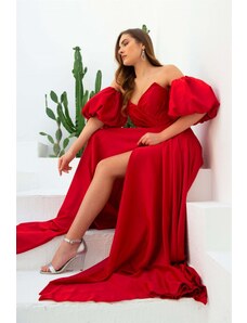 Carmen Red Satin Long Evening Dress with Balloon Sleeves and a Slit