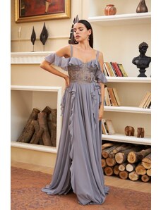 Carmen Anthracite Flounce Top Lace Slit Evening Dress