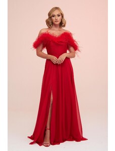Carmen Red Chiffon Feathered Slit Long Evening Dress