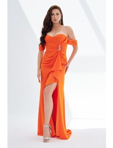 Carmen Orange Crepe Low Sleeve Slit Long Evening Dress
