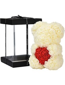 onHand.cz Medvídek z růží - bílý Rose Bear se srdcem z růží 25 cm