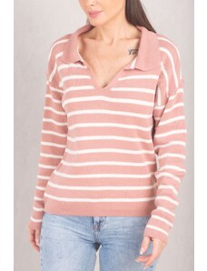 armonika Women's Pale Pink Striped Polo Neck Knitwear Sweater