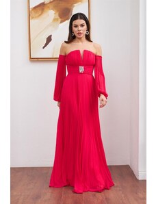 Carmen Fuchsia Chiffon Belt Detailed Long Evening Dress