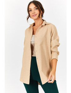 armonika Women's Beige Oversize Long Basic Shirt