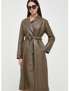 Kožený kabát BOSS dámský, hnědá barva, přechodný
