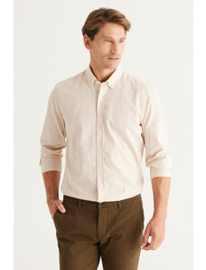 AC&Co / Altınyıldız Classics Men's Beige Tailored Slim Fit Slim Fit Buttoned Collar Linen Look 100% Cotton Flamed Shirt