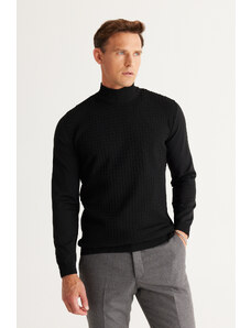 ALTINYILDIZ CLASSICS Men's Black Standard Fit Regular Cut Half Turtleneck Jacquard Knitwear Sweater