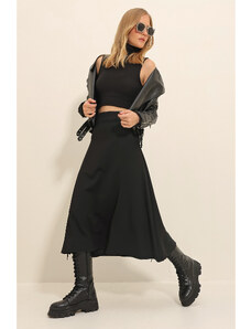 Trend Alaçatı Stili Women's Black High Waist Elastic Waist A Form Midi Length Skirt