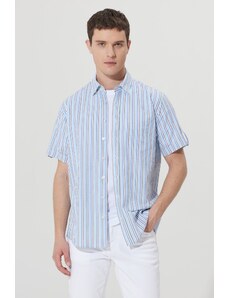 AC&Co / Altınyıldız Classics Men's White-blue Comfort Fit Comfy Cut. Hidden Button Collar Cotton Striped Shirt.