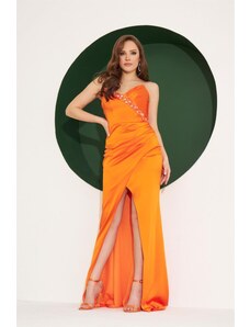 Carmen Orange Satin Strapless Embroidered Long Evening Dress