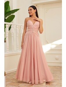 Carmen Powder Chiffon Strap Long Evening Dress and Invitation Dress with Stones on the Collar