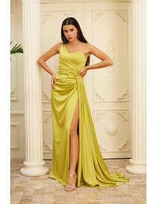 Carmen Pistachio Green Satin One Shoulder Slit Long Evening Dress