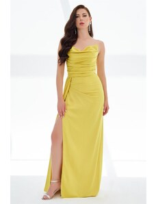 Carmen Yellow Slit Satin Evening Dress Cat Ear Dress