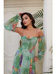 Carmen Long Evening Dress with Balloon Sleeves, Green Printed Straps