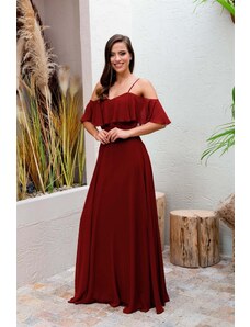 Carmen Claret Red Evening Dress with Low Sleeves and Straps
