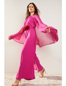 Trendyol Fuchsia Flower Belted Chiffon Cape Satin Evening Dress Jumpsuit