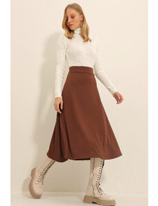 Trend Alaçatı Stili Women's Brown High Waist Elastic Waist A Form Midi Length Skirt
