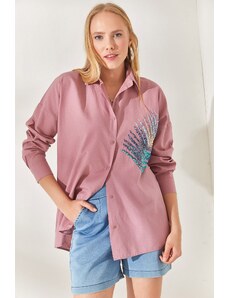 Olalook Dried Rose Palm Sequin Detailed Oversized Woven Poplin Shirt