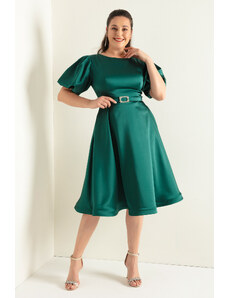 Lafaba Dámské smaragdově zelené balónové rukávy Kámen Pásek Plus Velikost Saténové večerní šaty