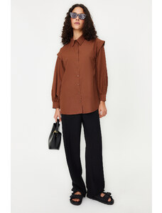 Trendyol Dark Brown Balloon Sleeve Cotton Woven Shirt