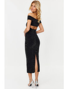 Trendyol Black-Grey Fitted Glitter Window/Cut Out Detailed Silvery Knitted Elegant Evening Dress