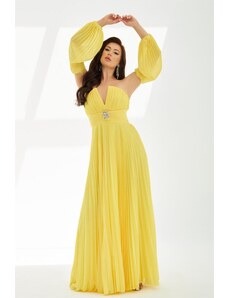 Carmen Yellow Chiffon Belt Detailed Long Evening Dress