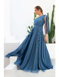 Carmen Indigo Chiffon One Shoulder Long Evening Dress